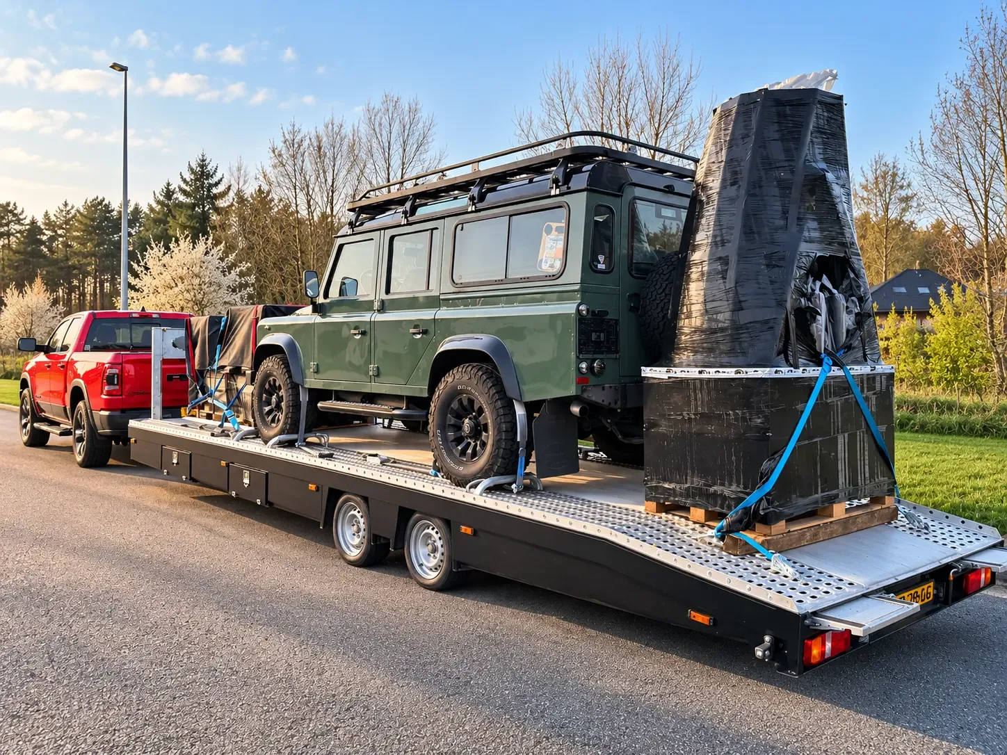 Dedicated voertuigtransport met Land Rover Defender op Schipper Edam transportaanhanger
