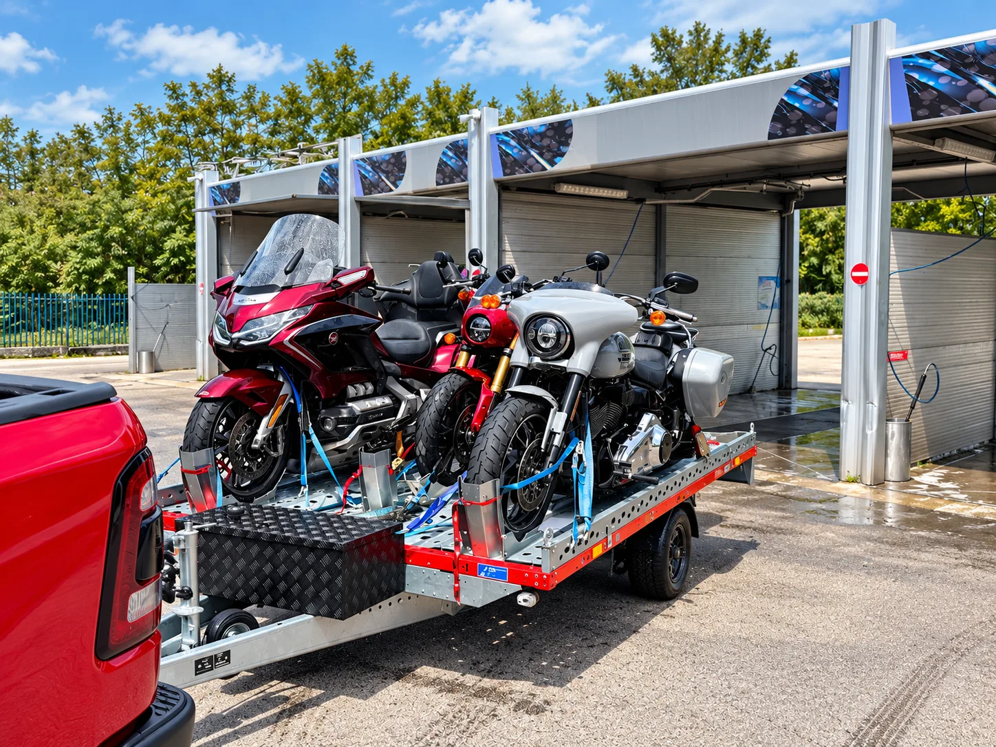 Motortransport met meerdere motoren op een Schipper Edam transportaanhanger